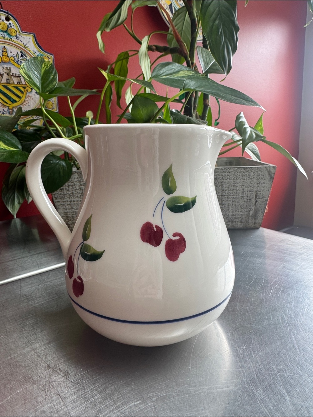 Vintage DANSK Made in Italy | White Ceramic Cherry Pitcher with Red Cherry Motif